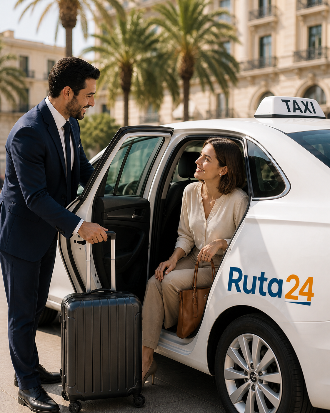 Atención personalizada de Ruta24 junto a un taxi
